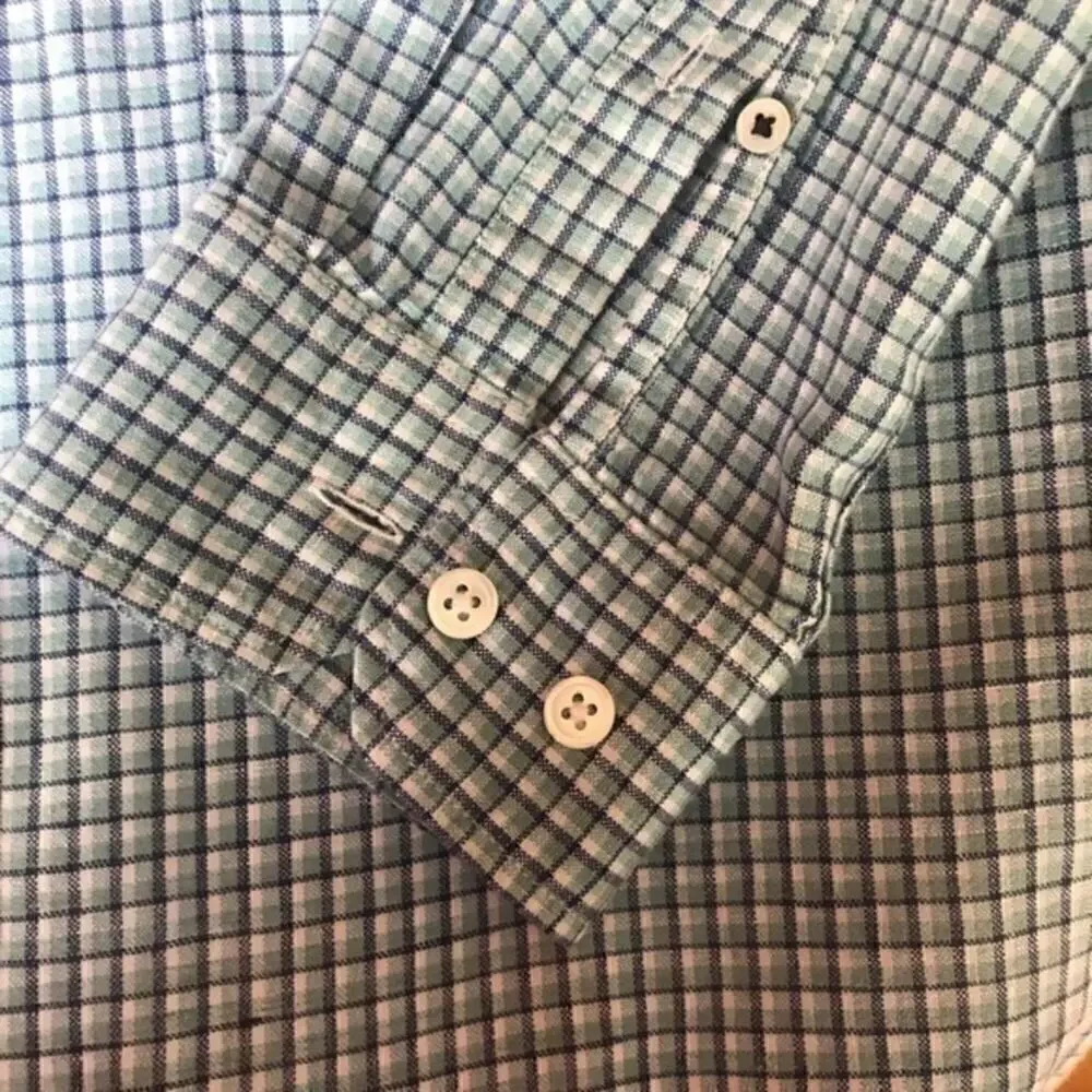 Banana Republic Slim Fit Blue & Green Plaid Linen Shirt Size Large